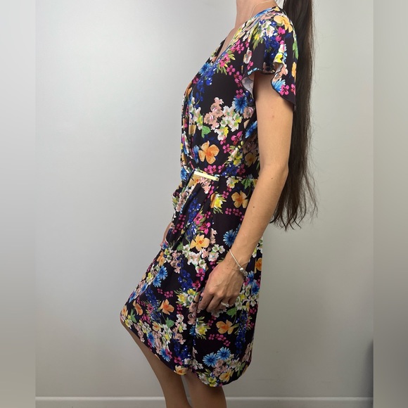 Leona Edmiston Dress Multicoloured Floral Draped Buckle Knee Length Size M 12 - Picture 2 of 11